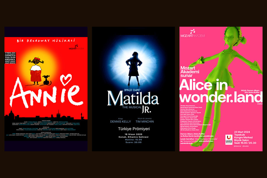 Mozart Akademi geçmiş müzikal afişleri: Annie, Matilda Jr. ve Alice in Wonderland